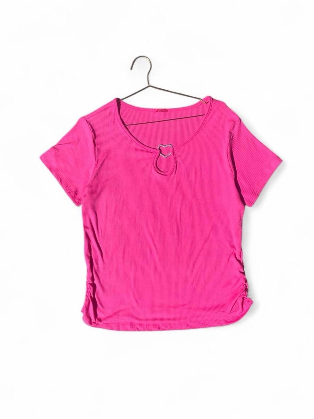 Y2K Hot Pink Ribbed Rhinestone Heart Ring Cutout Ruched Top Plus Size XXL